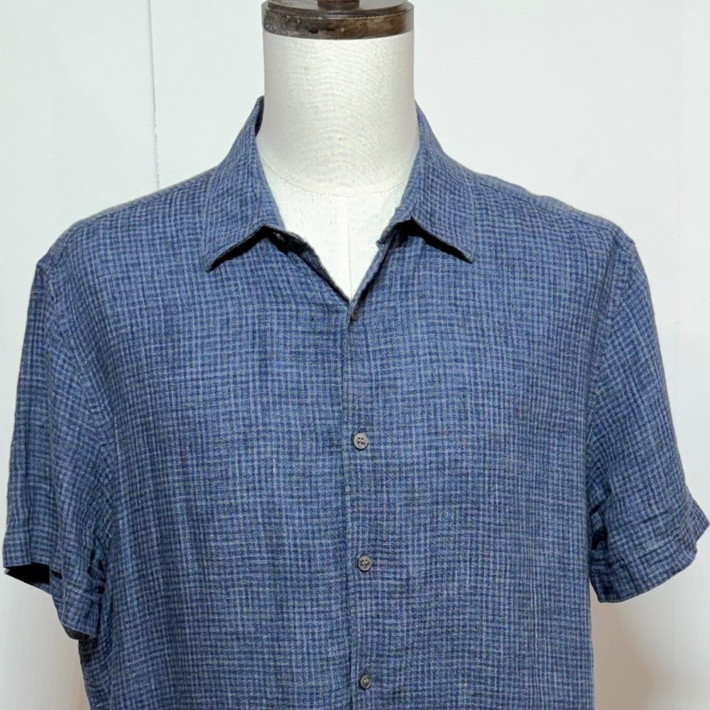 Baird McNutt Shirt Mens XL Blue Plaid Linen Murano Short Sleeve Pockets Beachy